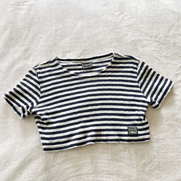 Vintage 90s Versace Jeans Couture Blue And White Striped Cotton Knit Crop Top - Picture 2 of 11